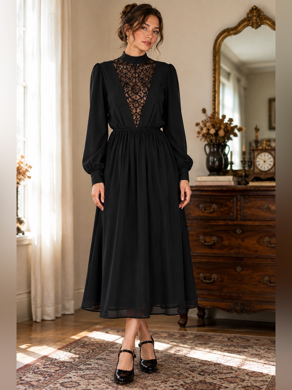 Vintage JCPenney Black Lace Chiffon Midi Dress Victorian Goth Whimsigoth SZ S